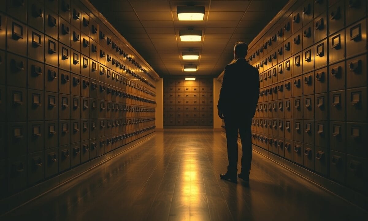 Couloir d'archives institutionnelles avec armoires dorées et silhouette d'analyste de dos, ambiance sépia tungstène.