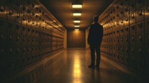 Baisse Bitcoin 2026 : la correction en deux vagues vers les niveaux de 2024 3 Couloir d'archives institutionnelles avec armoires dorées et silhouette d'analyste de dos, ambiance sépia tungstène.