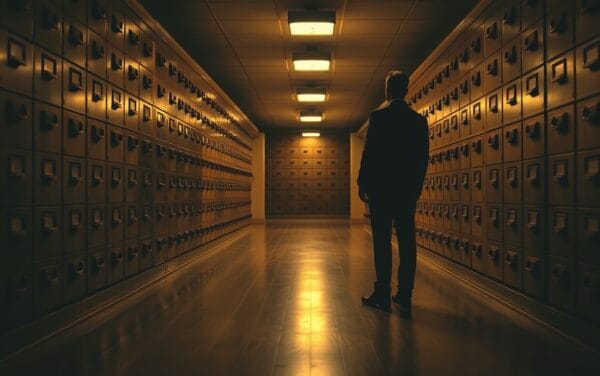 Couloir d'archives institutionnelles avec armoires dorées et silhouette d'analyste de dos, ambiance sépia tungstène.
