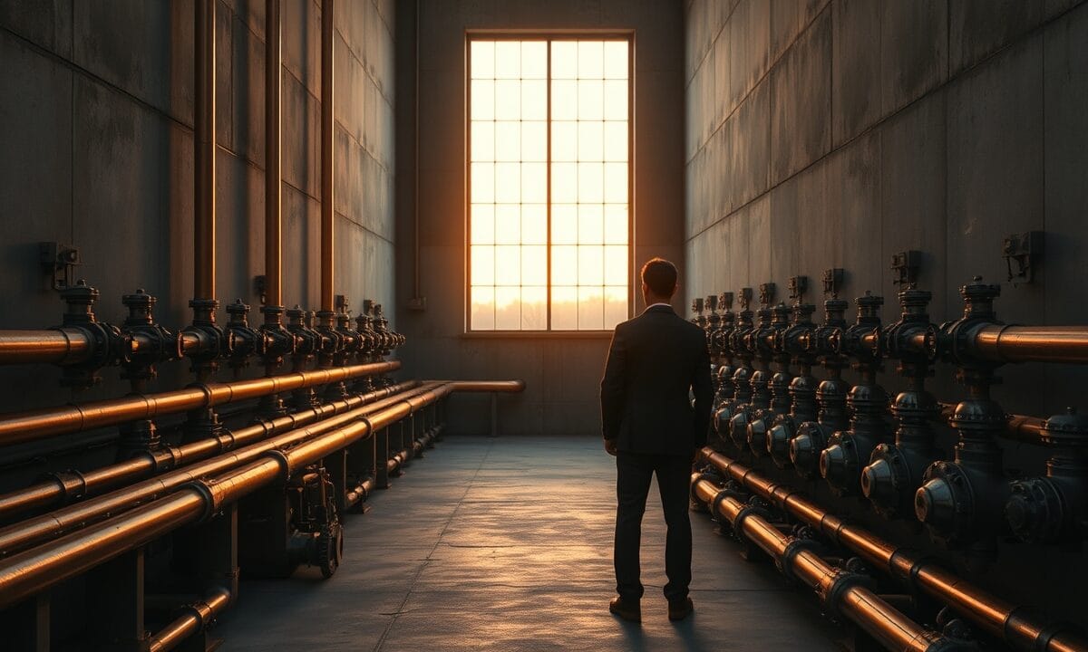 Salle industrielle au crépuscule avec tuyaux cuivrés et silhouette d'analyste de dos près d'une fenêtre.