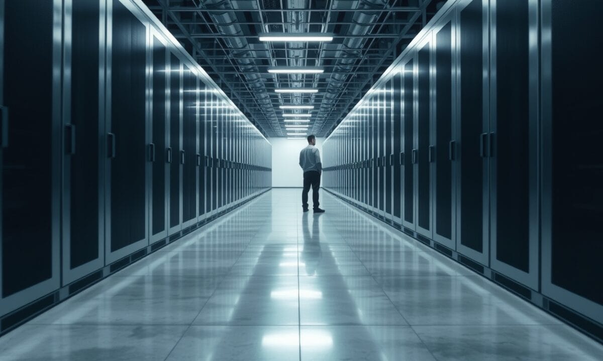 Couloir de serveurs en acier brossé sous une lumière froide, silhouette d'un technicien de dos au loin