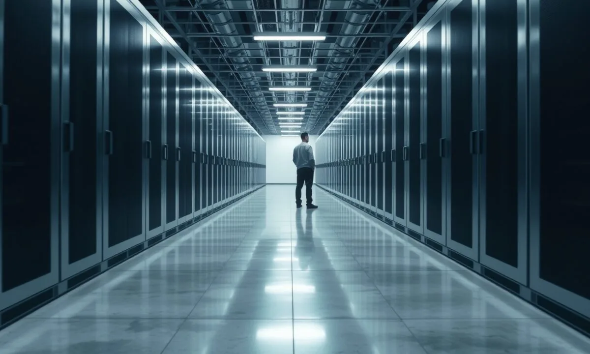 Couloir de serveurs en acier brossé sous une lumière froide, silhouette d'un technicien de dos au loin