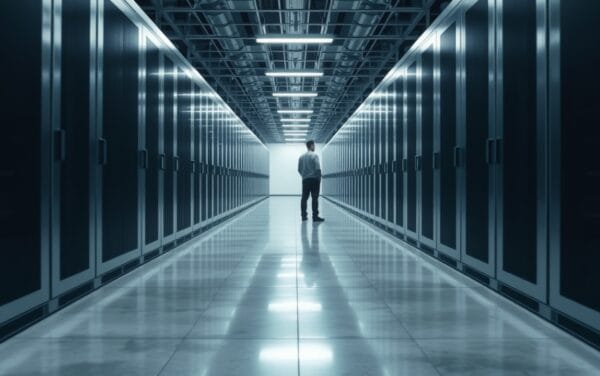 Couloir de serveurs en acier brossé sous une lumière froide, silhouette d'un technicien de dos au loin