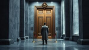 MiCA 2026 : OKX, Kraken et Coinbase pour servir la France 8 Porte massive d'un bâtiment institutionnel européen entrouverte, silhouette de dos dans un long couloir gris ardoise.