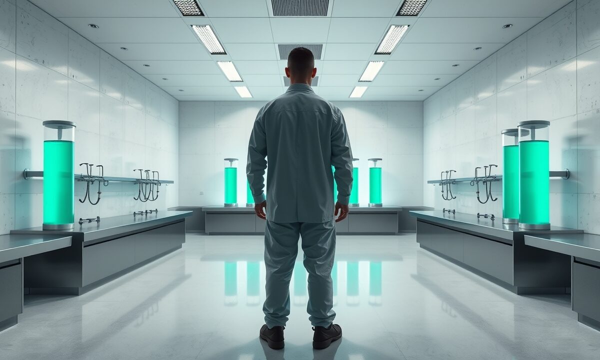 Bitcoin : 125 000 BTC absorbés en juin, rebond en vue ? 1 Laboratoire minimaliste aux murs de béton clair avec cylindres de verre et silhouette de chercheur de dos