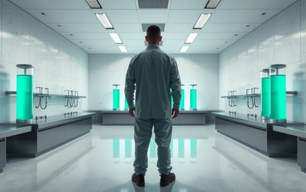 Laboratoire minimaliste aux murs de béton clair avec cylindres de verre et silhouette de chercheur de dos