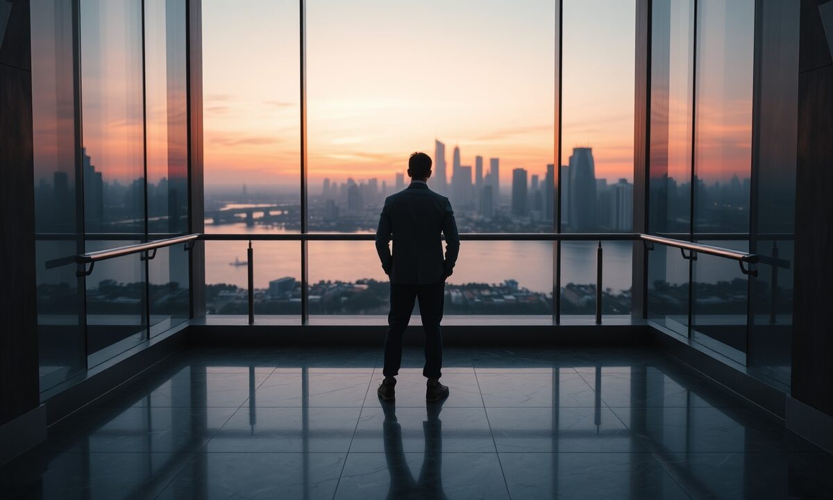 Bitcoin 6 juin : 4,3 Mds$ d'ETF sortis, bottom à 54 000$ 1 Silhouette de dos d'un analyste devant une grande baie vitrée surplombant une skyline urbaine au coucher du soleil