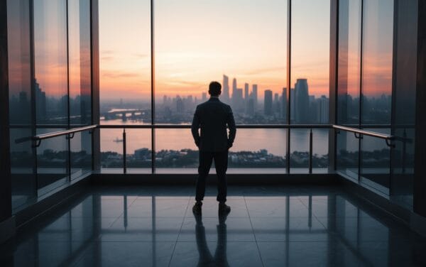 Silhouette de dos d'un analyste devant une grande baie vitrée surplombant une skyline urbaine au coucher du soleil