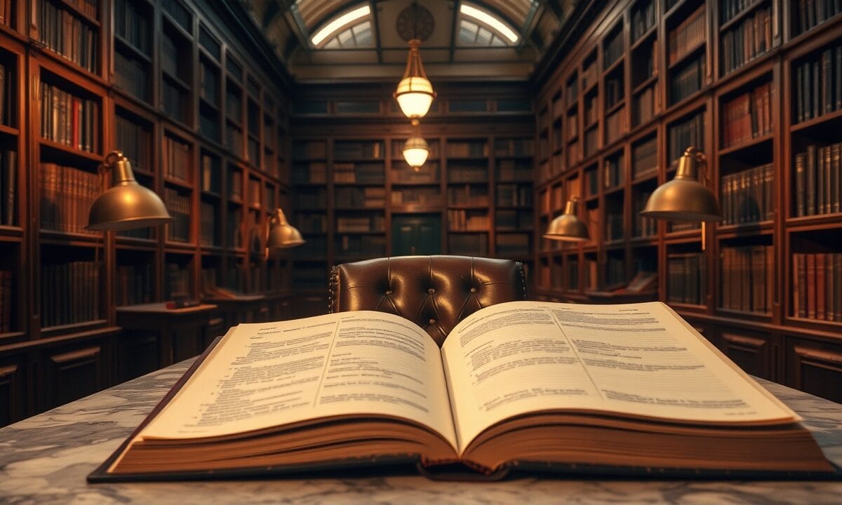 Bibliothèque d'archives aux teintes sépia avec registre ouvert sur table de marbre et lampes en laiton