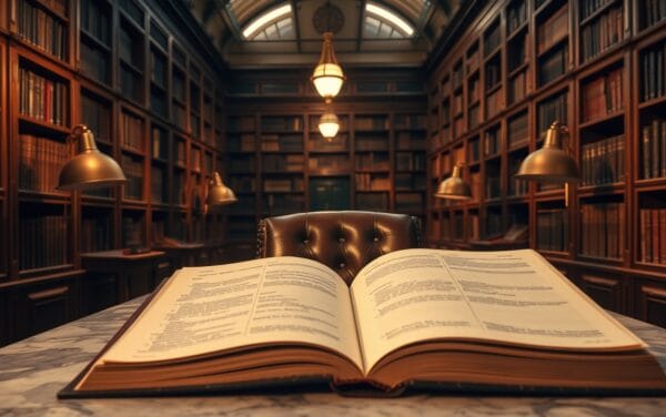 Bibliothèque d'archives aux teintes sépia avec registre ouvert sur table de marbre et lampes en laiton