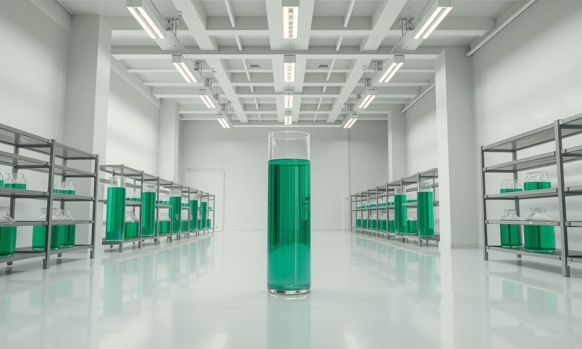 Bitcoin à 60 000 $ : 390 milliards évaporés en sept jours 1 Laboratoire industriel aux murs blancs avec étagères en acier brossé et flacons de verre emplis de liquide vert émeraude.