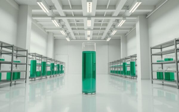 Laboratoire industriel aux murs blancs avec étagères en acier brossé et flacons de verre emplis de liquide vert émeraude.