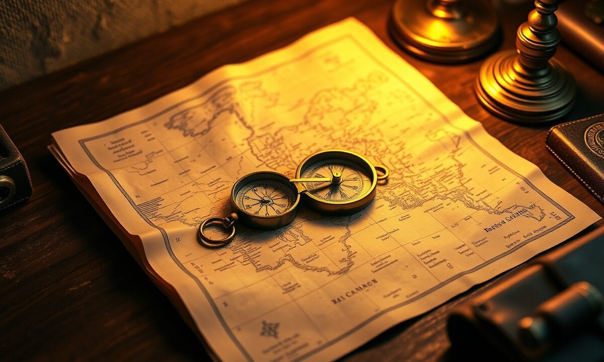 Boussole en laiton vintage posée sur une carte papier ancienne, lampe à abat-jour ambré, bureau bois sombre.