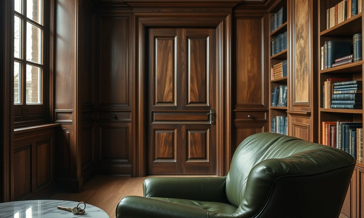 Porte en bois sombre entrouverte et clé en laiton sur un guéridon de marbre dans un bureau feutré.