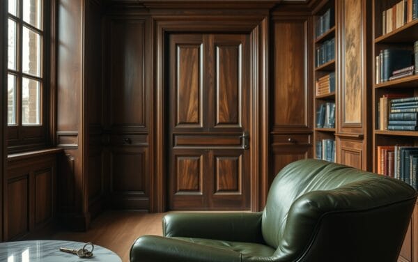 Porte en bois sombre entrouverte et clé en laiton sur un guéridon de marbre dans un bureau feutré.
