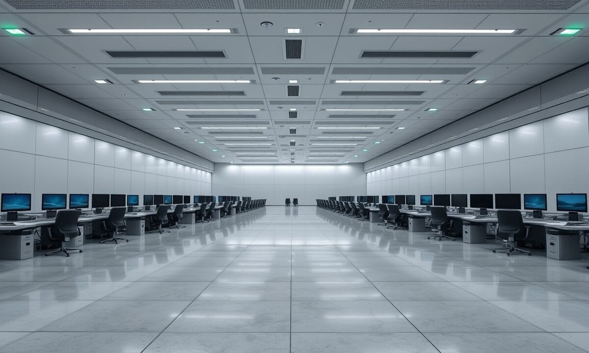 Salle de marchés vide à l'aube, terminaux éteints, lumière froide évoquant la pause des marchés crypto et or.