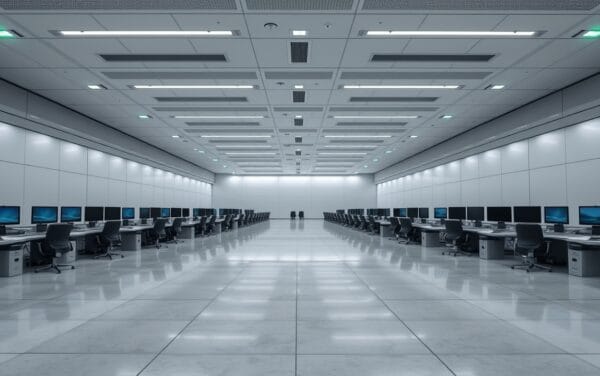 Salle de marchés vide à l'aube, terminaux éteints, lumière froide évoquant la pause des marchés crypto et or.