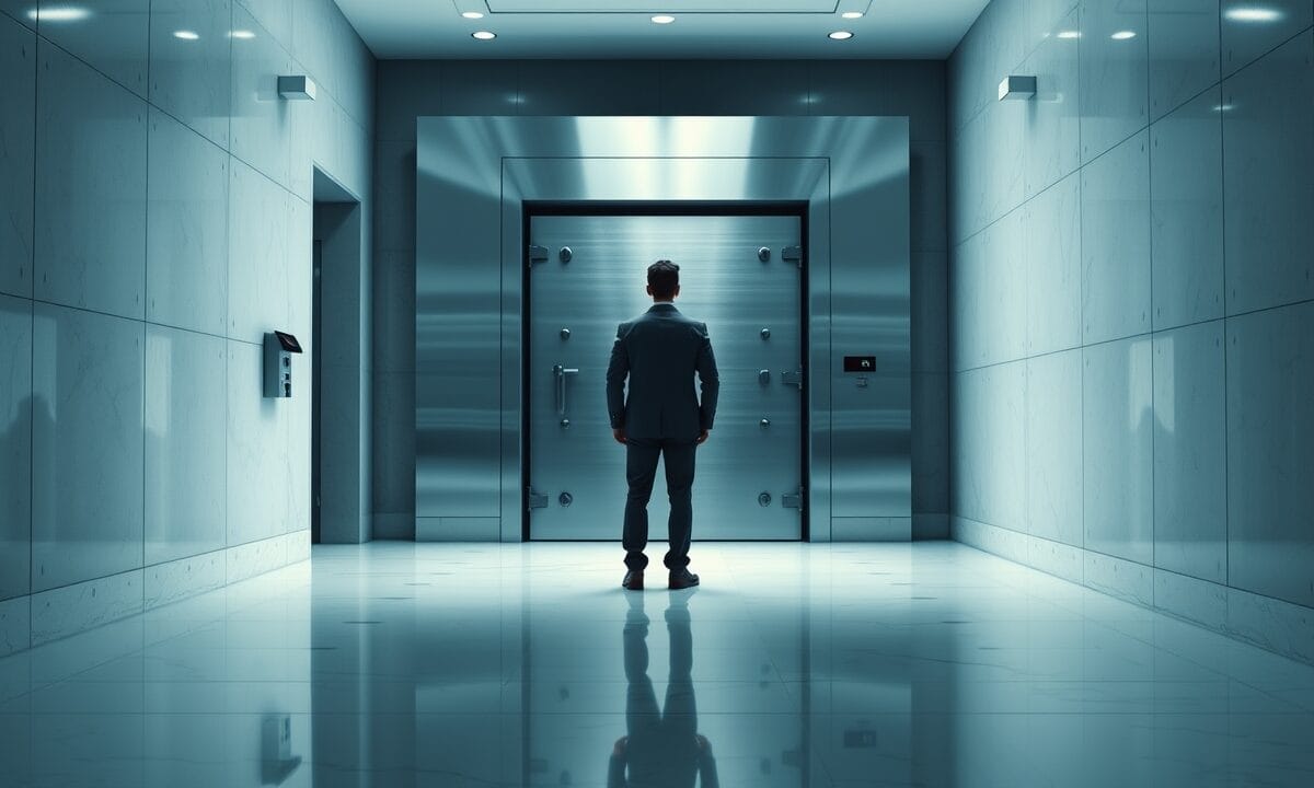 Silhouette d'investisseur face à une porte de coffre en acier brossé dans un couloir institutionnel épuré