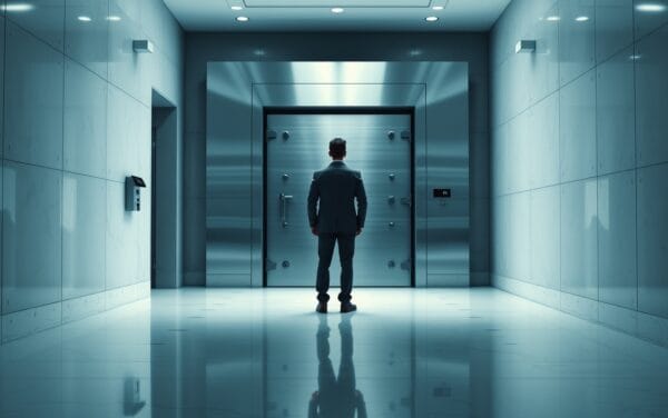 Silhouette d'investisseur face à une porte de coffre en acier brossé dans un couloir institutionnel épuré