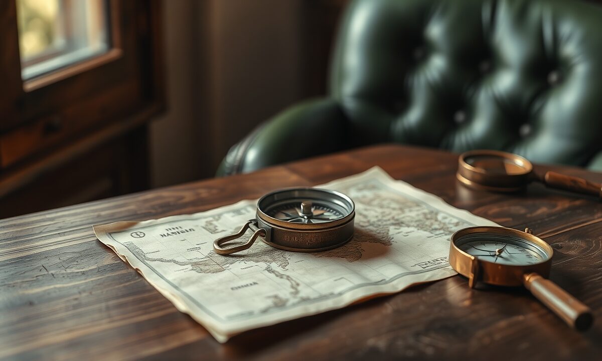 Boussole en laiton sur carte papier ancienne, bureau en noyer sombre, lumière naturelle douce