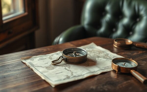 Boussole en laiton sur carte papier ancienne, bureau en noyer sombre, lumière naturelle douce