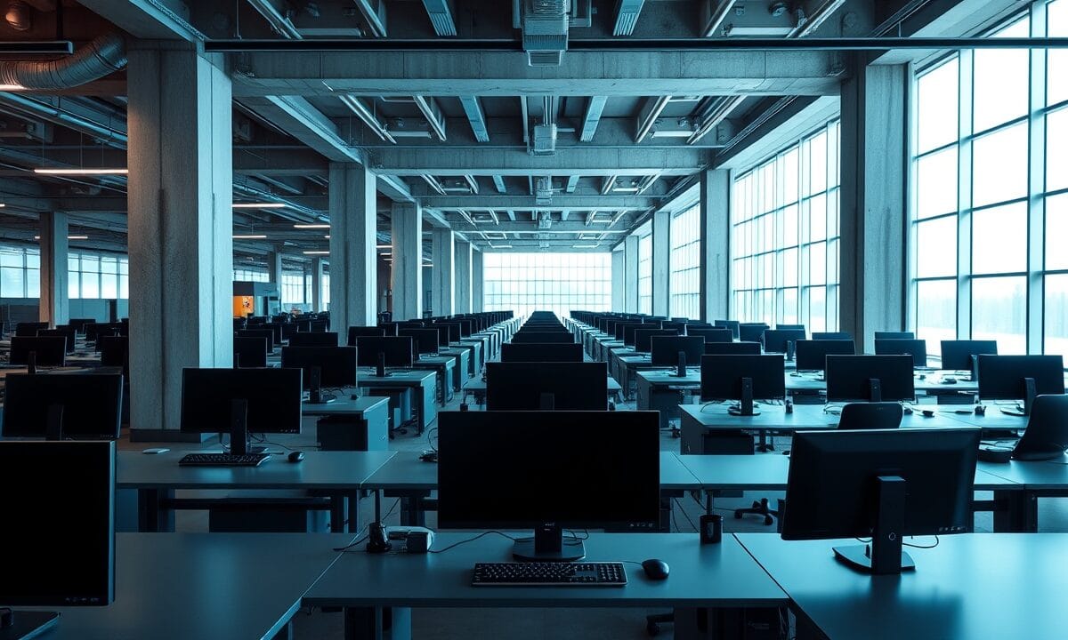 Salle des marchés institutionnelle vide à l'aube, écrans éteints, lumière froide à travers de hautes baies vitrées.