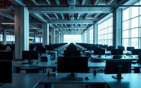 Salle des marchés institutionnelle vide à l'aube, écrans éteints, lumière froide à travers de hautes baies vitrées.