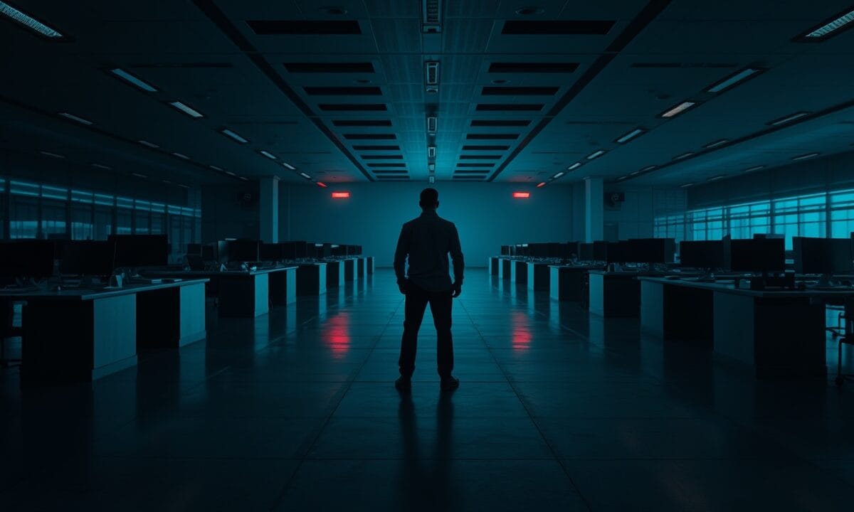 Salle des marchés sombre et vide à l'aube, silhouette d'un analyste de dos au loin