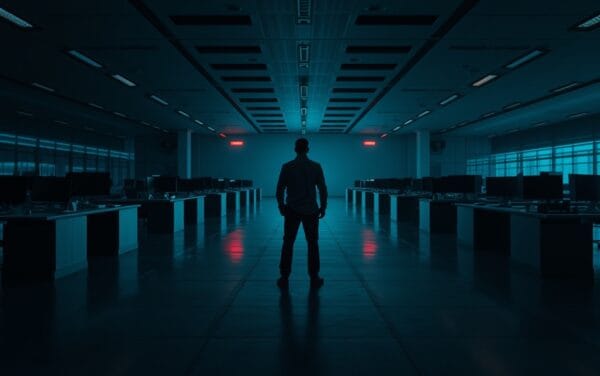 Salle des marchés sombre et vide à l'aube, silhouette d'un analyste de dos au loin