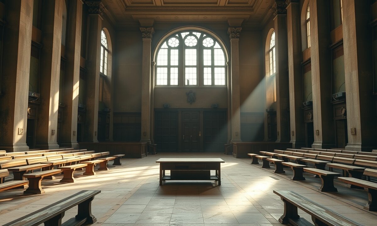 Salle institutionnelle vide aux tons olive et ocre, baignée d'une lumière oblique de fin d'après-midi.