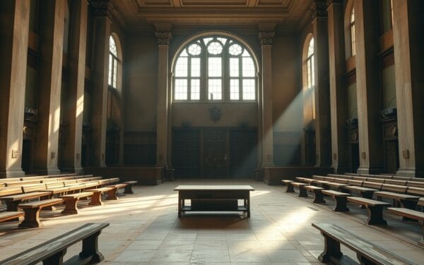 Salle institutionnelle vide aux tons olive et ocre, baignée d'une lumière oblique de fin d'après-midi.