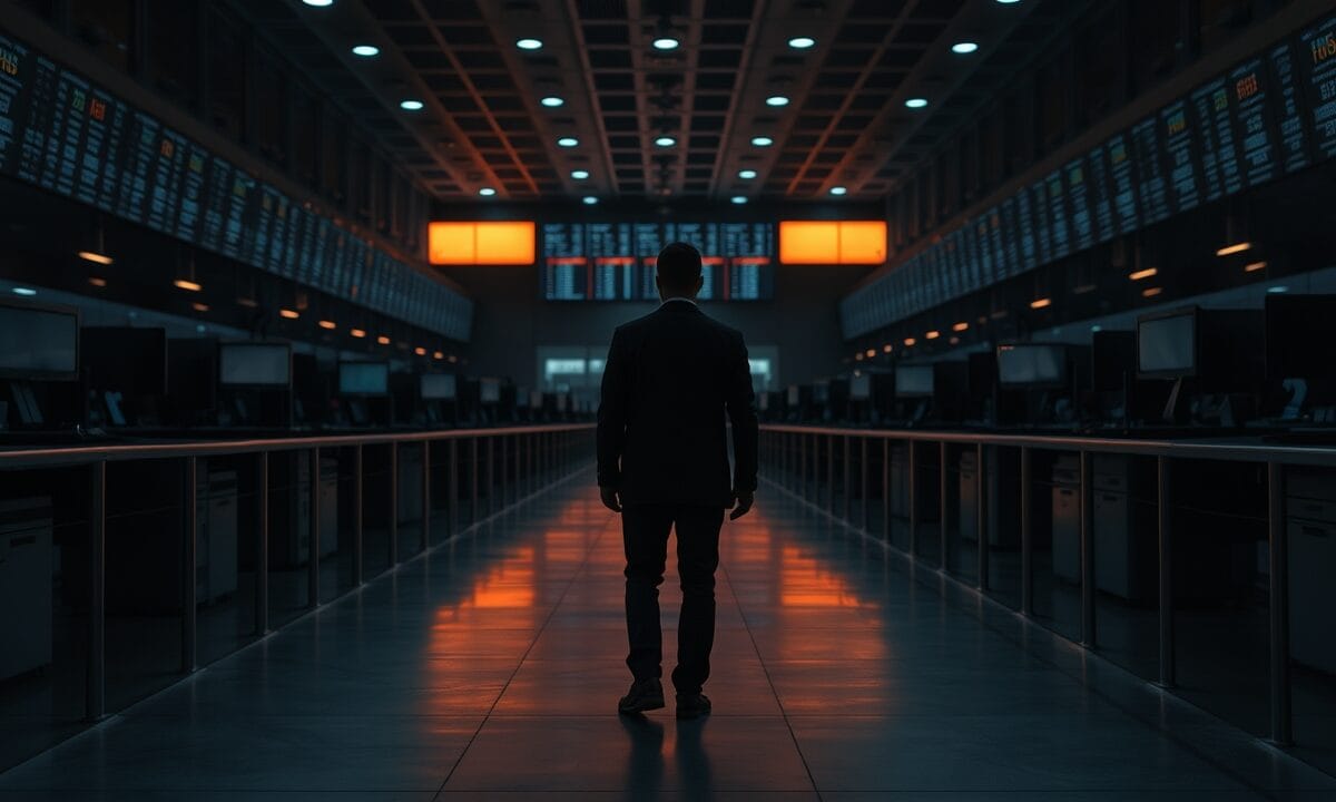 Salle des marchés vide au crépuscule, silhouette d'un trader de dos dans une lumière corail et indigo.