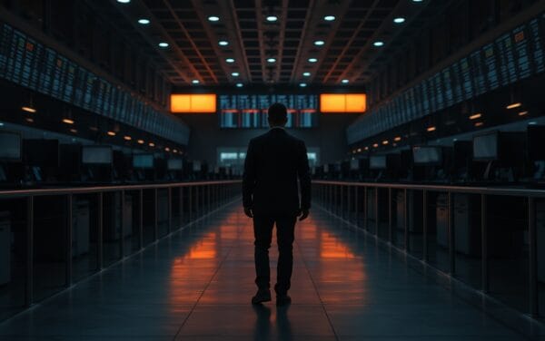 Salle des marchés vide au crépuscule, silhouette d'un trader de dos dans une lumière corail et indigo.