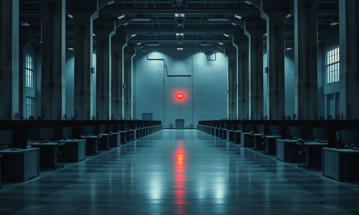 Bitcoin sous 63 000 $ : les actifs risqués décrochent ce vendredi 1 Salle des marchés vide à l'aube, écrans éteints, ambiance acier-bleu et lumière froide diffuse.