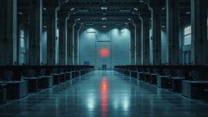 Travel Rule & TFR : transferts crypto sous identité obligatoire en Europe 6 Salle des marchés vide à l'aube, écrans éteints, ambiance acier-bleu et lumière froide diffuse.