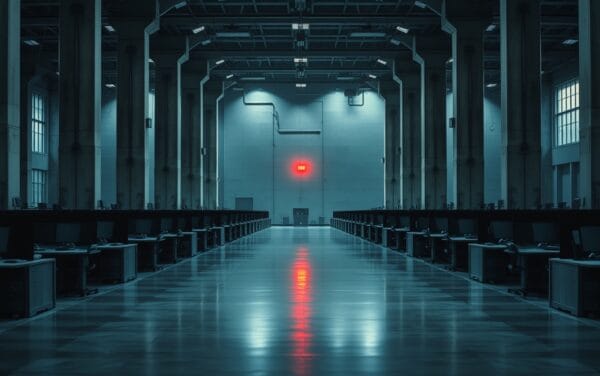 Salle des marchés vide à l'aube, écrans éteints, ambiance acier-bleu et lumière froide diffuse.