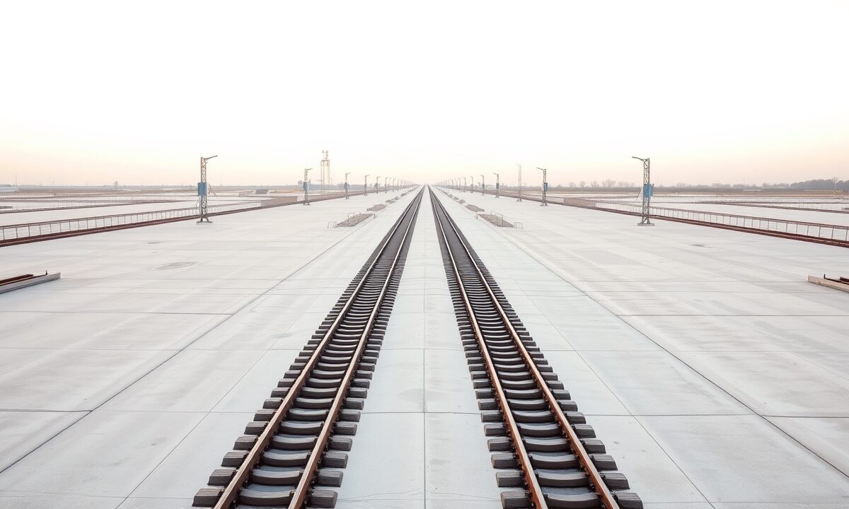 Bifurcation de rails sur une plateforme aux teintes claires, métaphore éditoriale d'un choix de direction pour Bitcoin.
