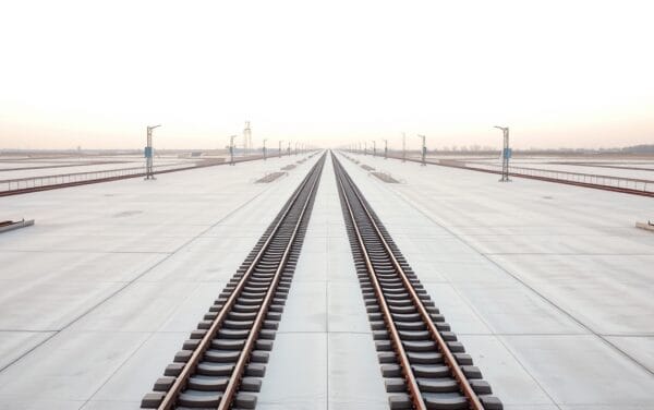 Bifurcation de rails sur une plateforme aux teintes claires, métaphore éditoriale d'un choix de direction pour Bitcoin.