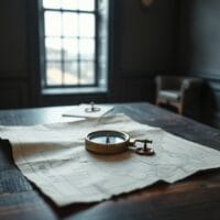 Boussole en laiton posée sur une carte papier dans un bureau silencieux baigné d'une lumière froide diffuse.
