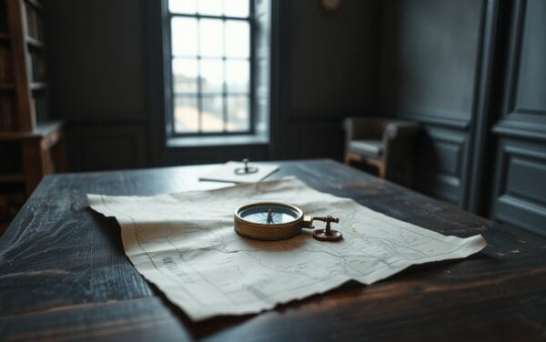 Boussole en laiton posée sur une carte papier dans un bureau silencieux baigné d'une lumière froide diffuse.