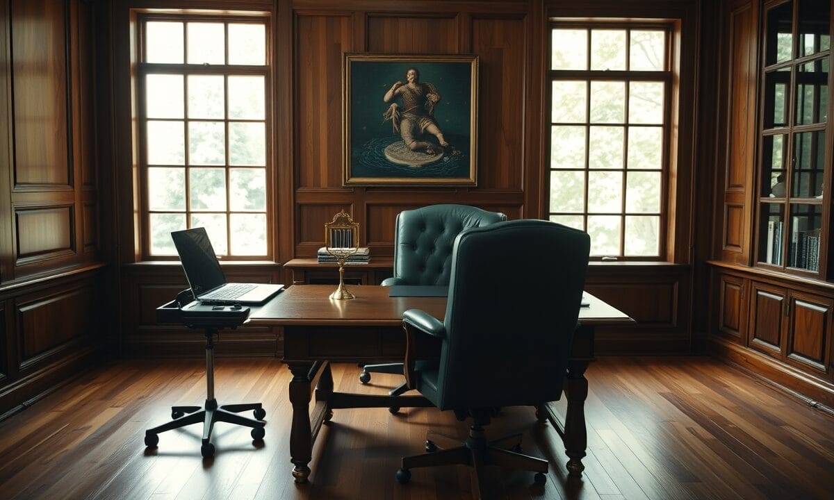 Bureau de courtage en bois sombre, lumière naturelle douce, ordinateur fermé sur table