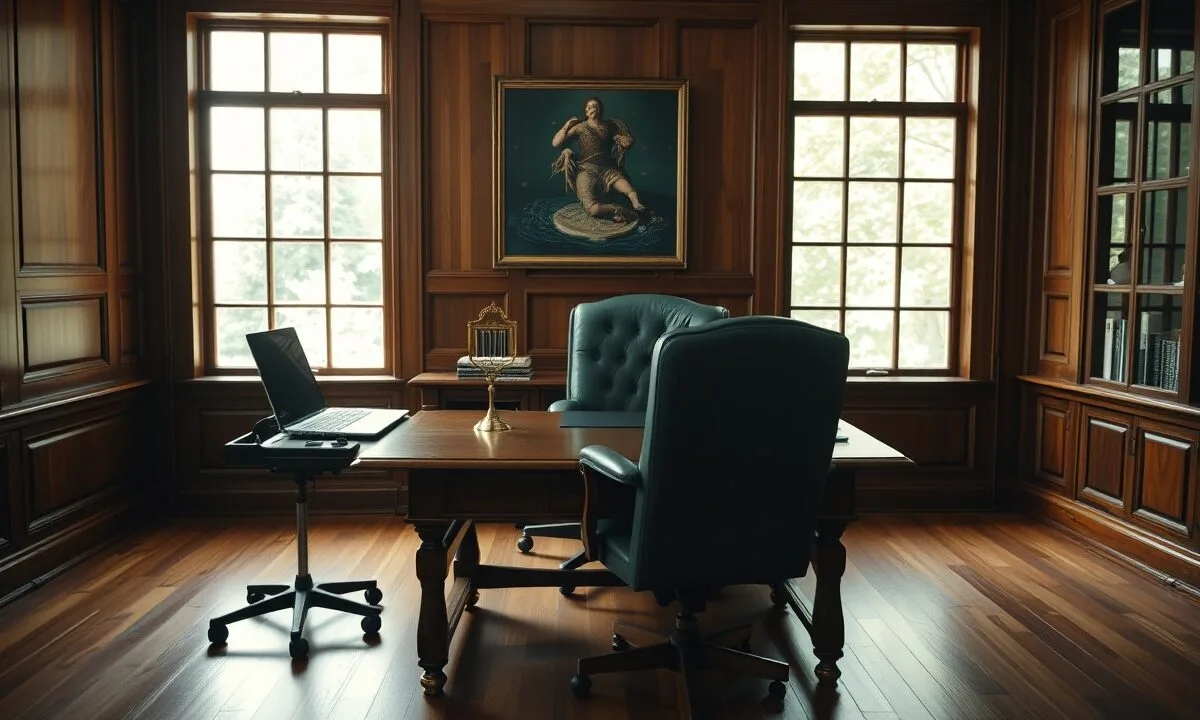 Bureau de courtage en bois sombre, lumière naturelle douce, ordinateur fermé sur table