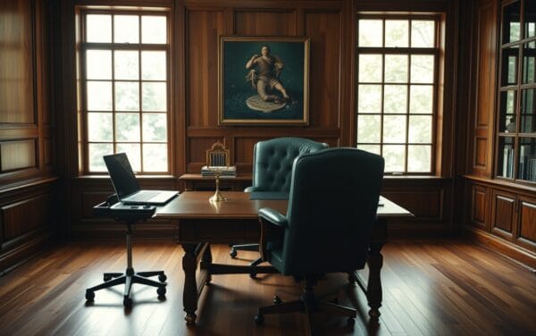 Bureau de courtage en bois sombre, lumière naturelle douce, ordinateur fermé sur table