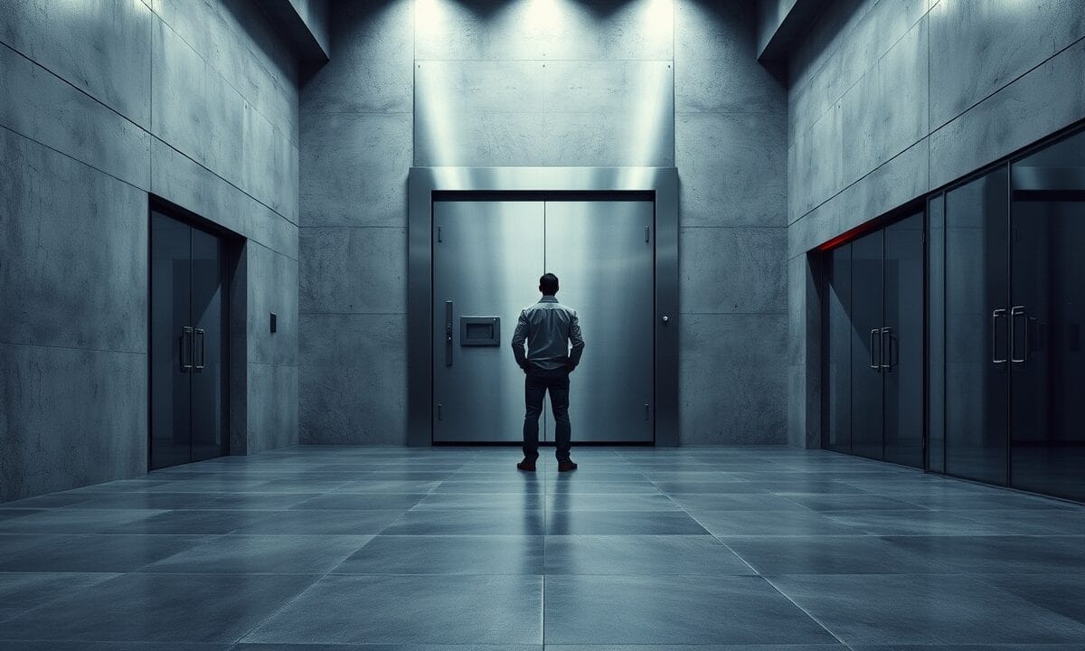 Lourde porte de chambre forte en acier entrouverte dans un couloir institutionnel froid, silhouette de dos au loin.