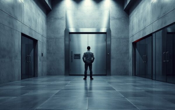 Lourde porte de chambre forte en acier entrouverte dans un couloir institutionnel froid, silhouette de dos au loin.