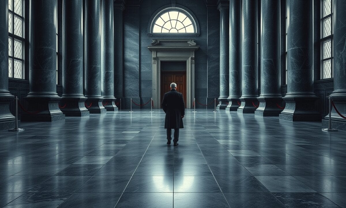 Blockchain.com : 173 actions tokenisées ajoutées via Ondo 1 Couloir d'un palais de justice désert aux colonnes de marbre, lumière froide diffuse et cordon de soie rouge isolé.