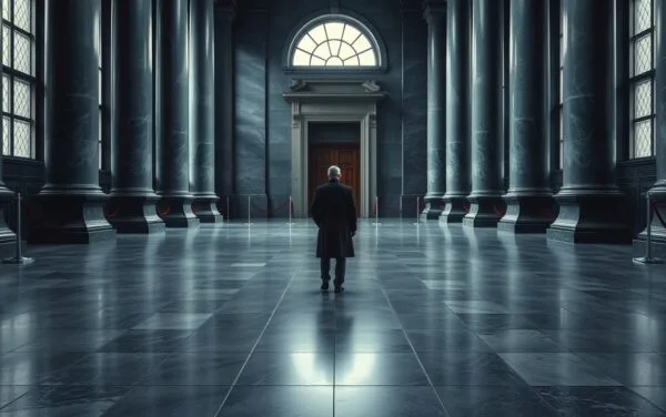 Couloir d'un palais de justice désert aux colonnes de marbre, lumière froide diffuse et cordon de soie rouge isolé.