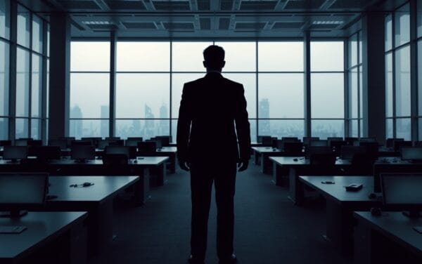 Salle des marchés japonaise déserte à l'aube, silhouette d'analyste de dos, lumière froide bleu acier.