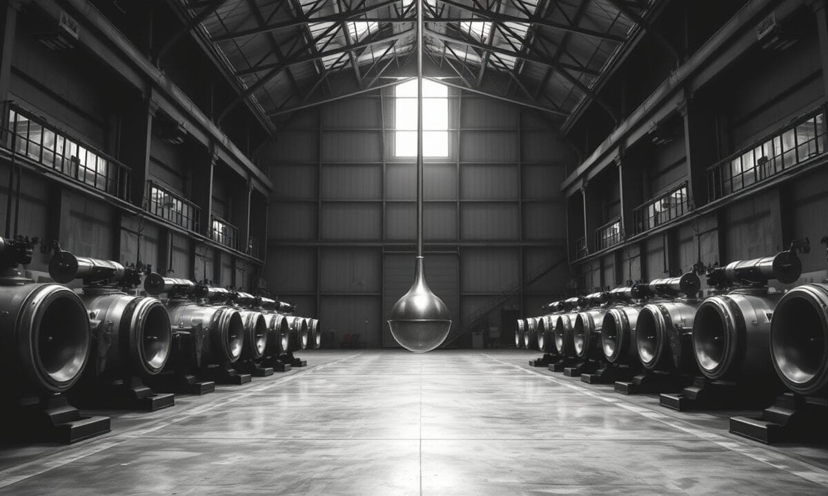 Pendule d'acier immobile dans une salle des machines silencieuse, lumière contrastée en noir et blanc.