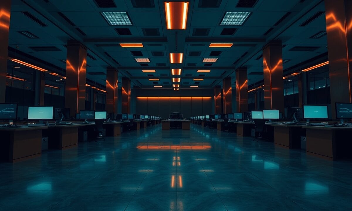 BTC vise 69 000 $ : choc pétrolier et plancher whales à 60 000 $ 1 Salle de marché institutionnelle déserte au crépuscule, lumière cuivrée sur béton poli et acier brossé.